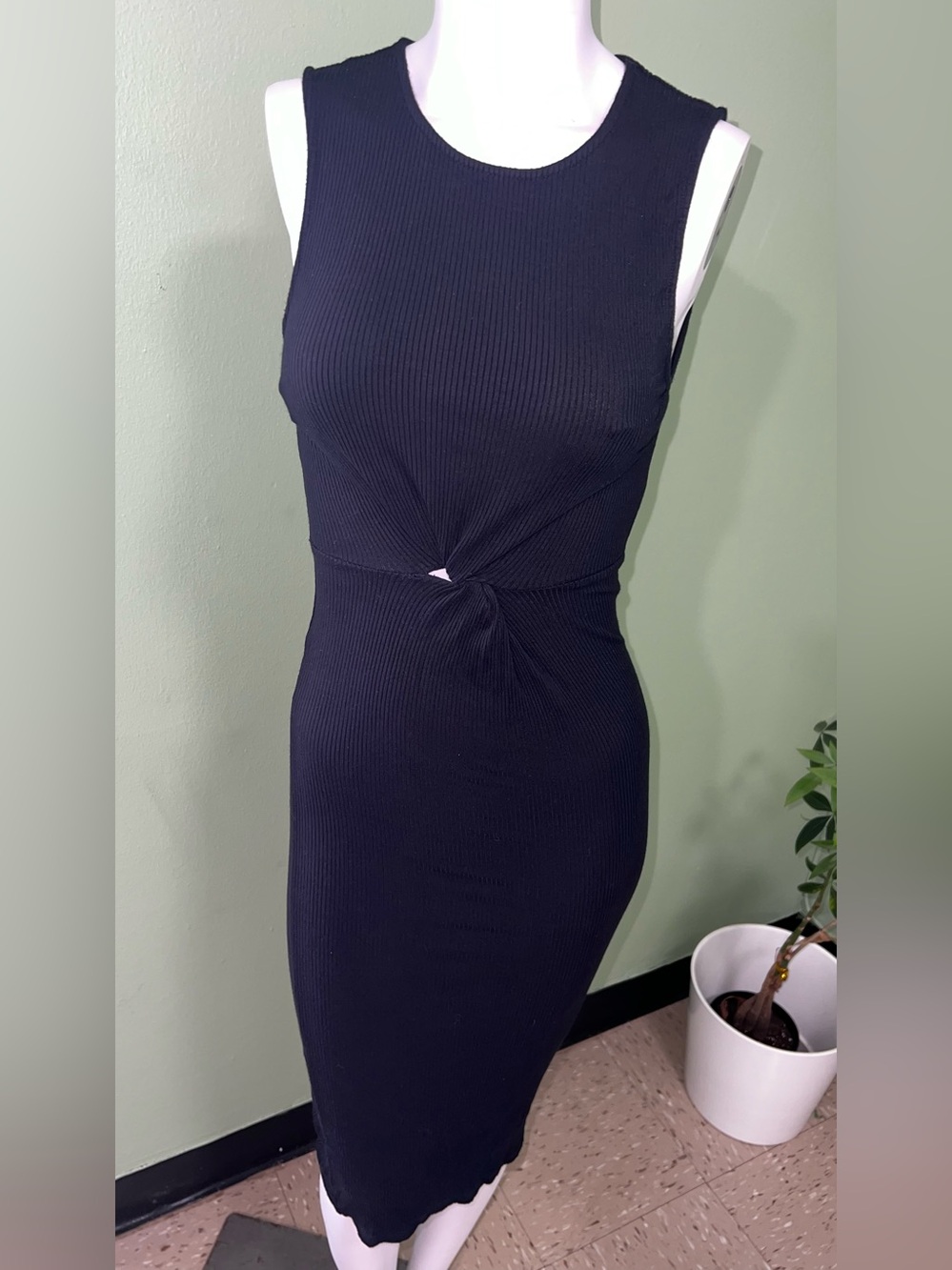 Garage Black Ribbed Twist-Front Midi Dress